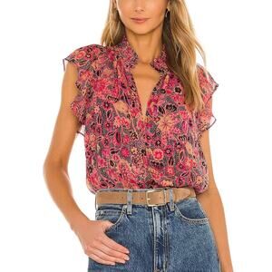 A.L.C. Hayley Floral Metallic Silk Top Navy/Hot Pink Flutter Sleeve Blouse EUC